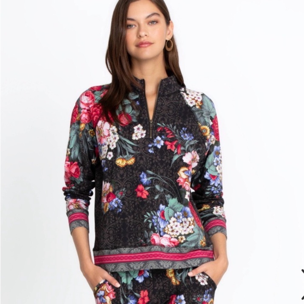 Johnny Was Onyx Sistine Floral Half-Zip Pullover Boho Size S